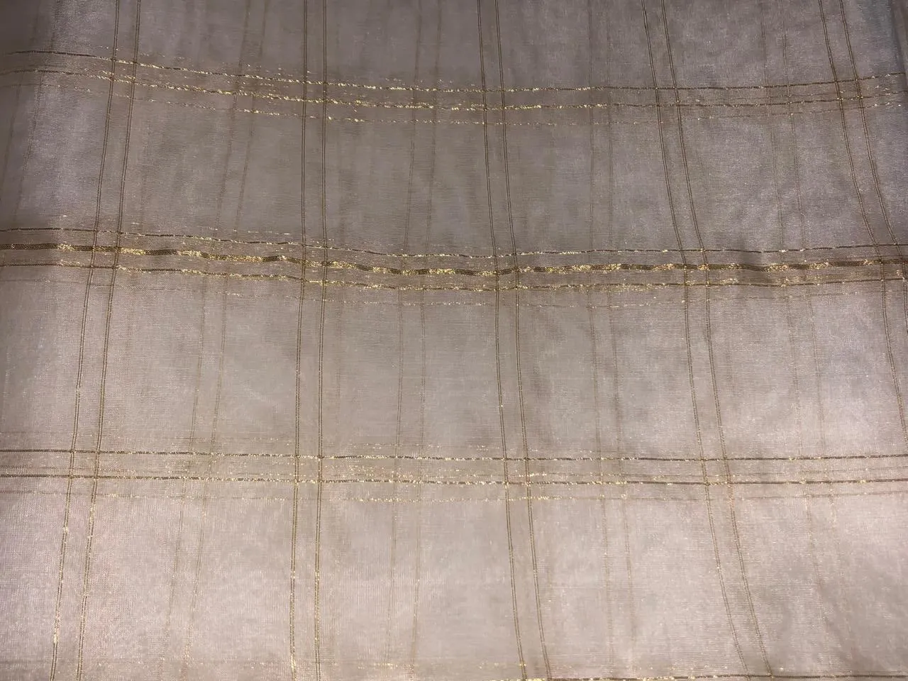 100% SILK ORGANZA FABRIC  IVORY COLOR WITH METALIC GOLD PLAIDS 44" WIDE [16290]