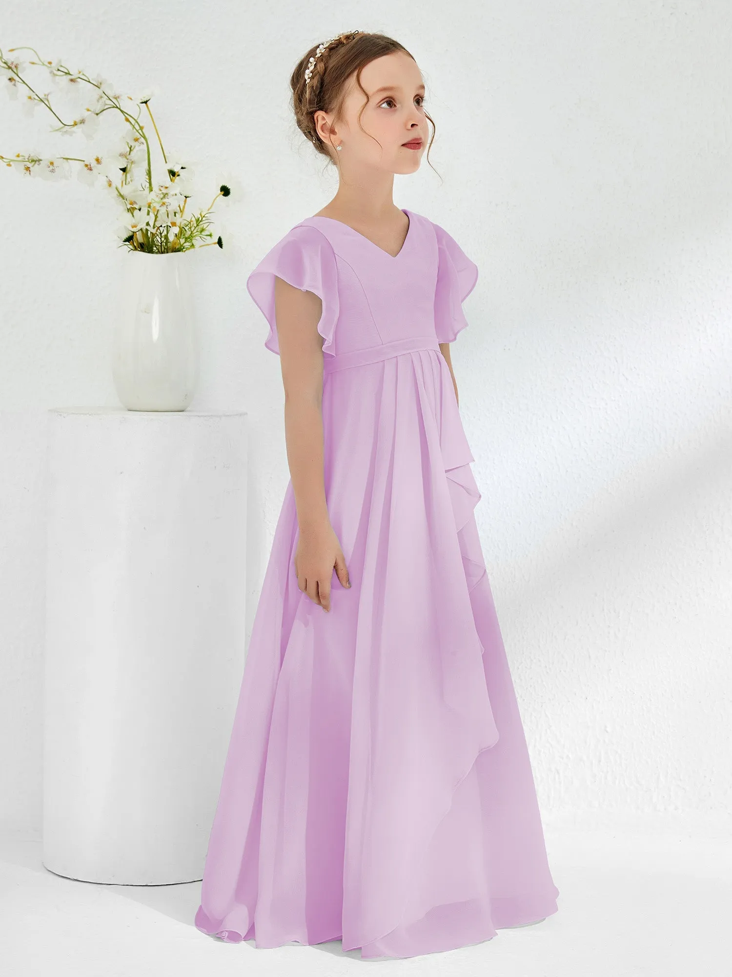 A-line Flutter Sleeves Junior Bridesmaid Dresses Lilac