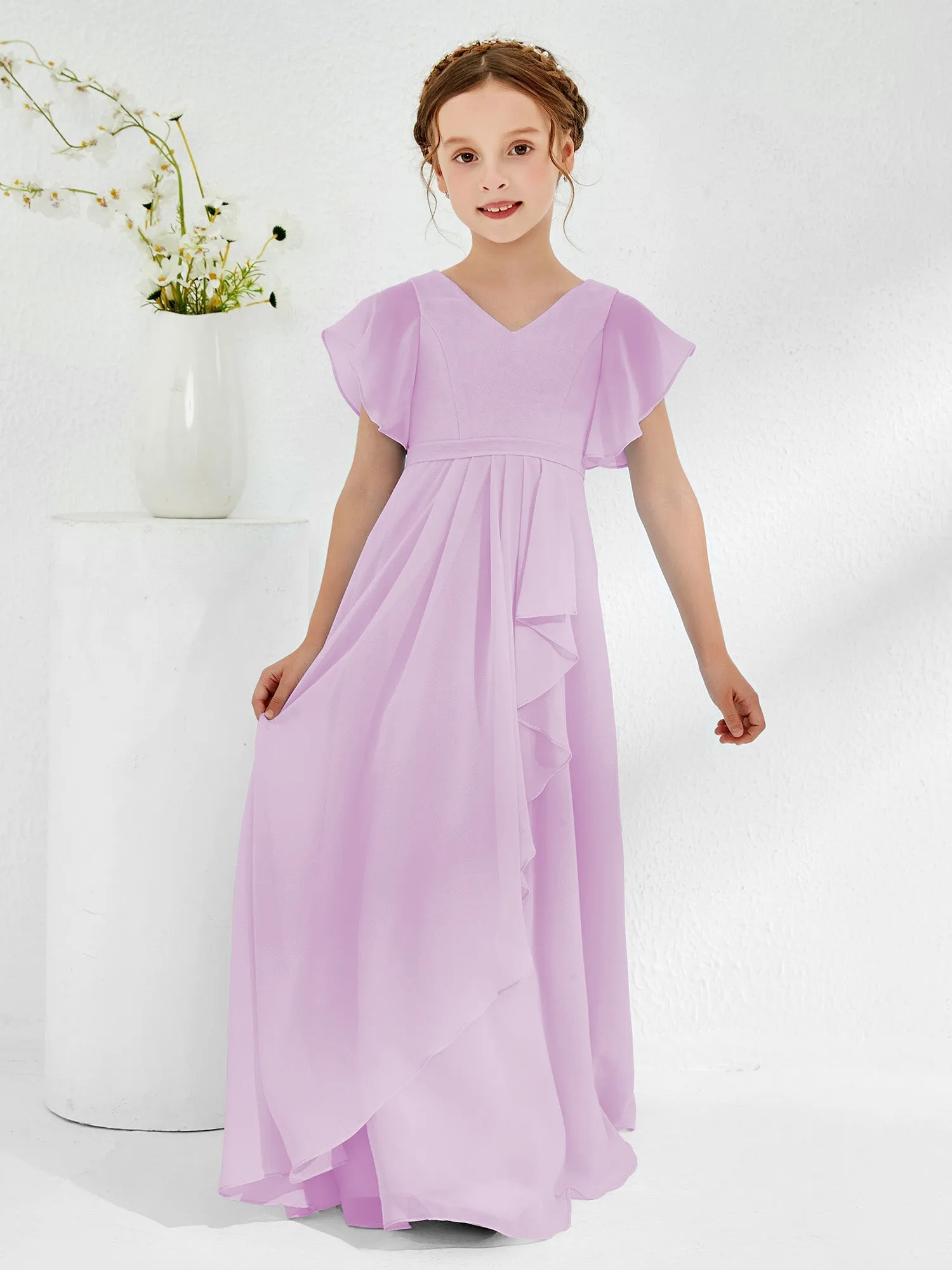 A-line Flutter Sleeves Junior Bridesmaid Dresses Lilac