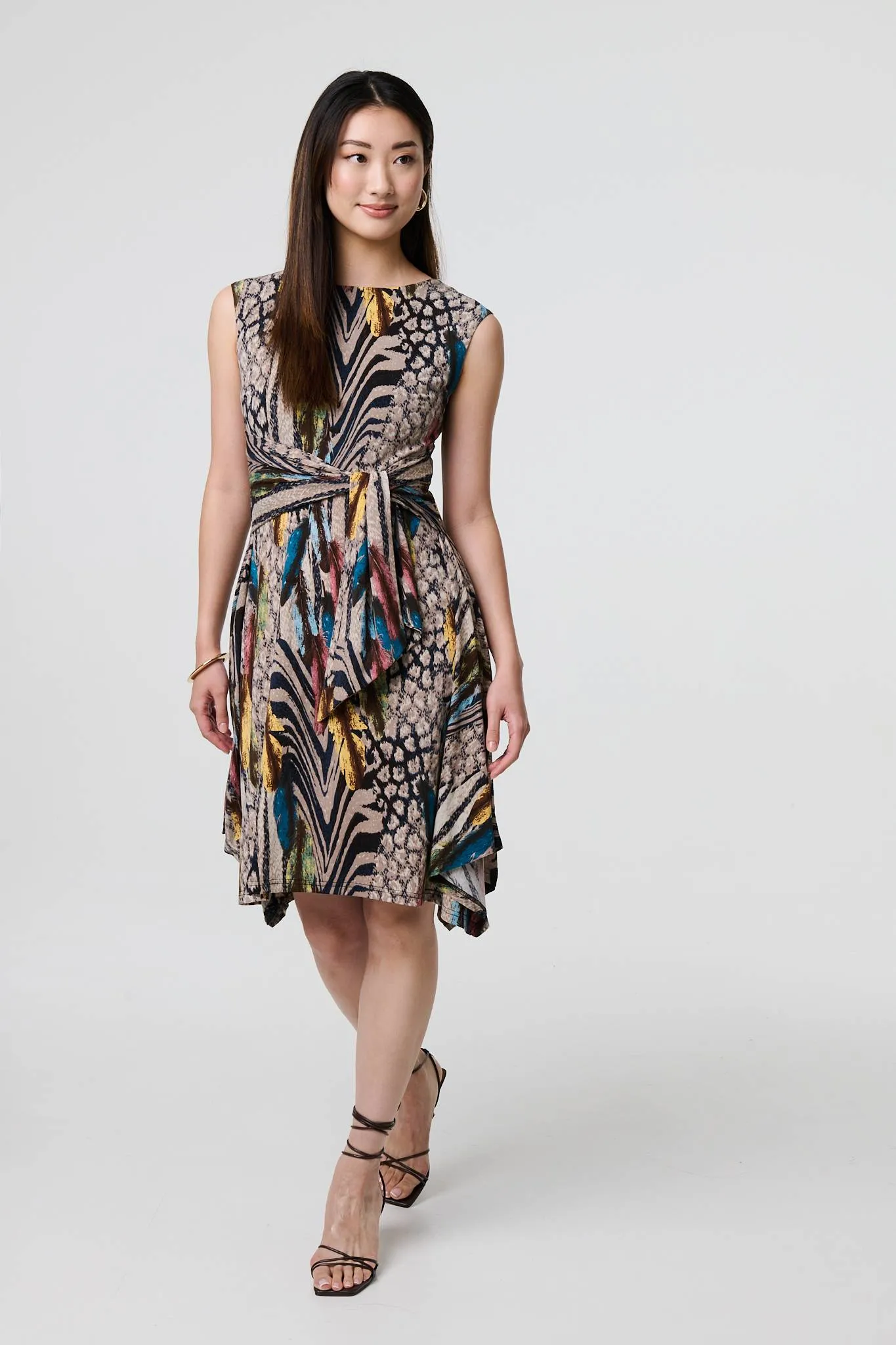 Animal Print Tie Waist Knee Length Dress