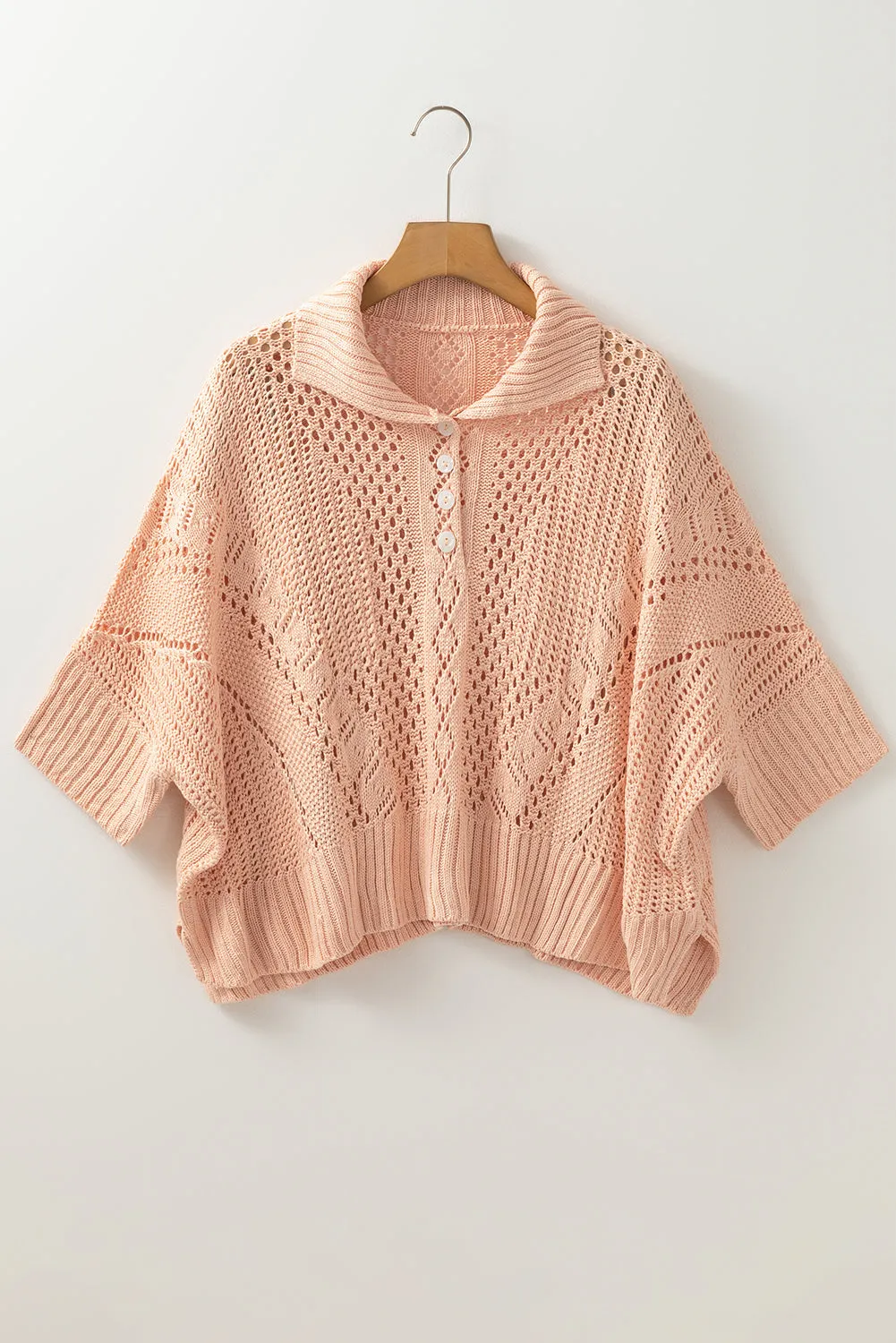 Apricot Pink Hollowed Knit 3/4 Dolman Sleeve Buttoned Collared Sweater