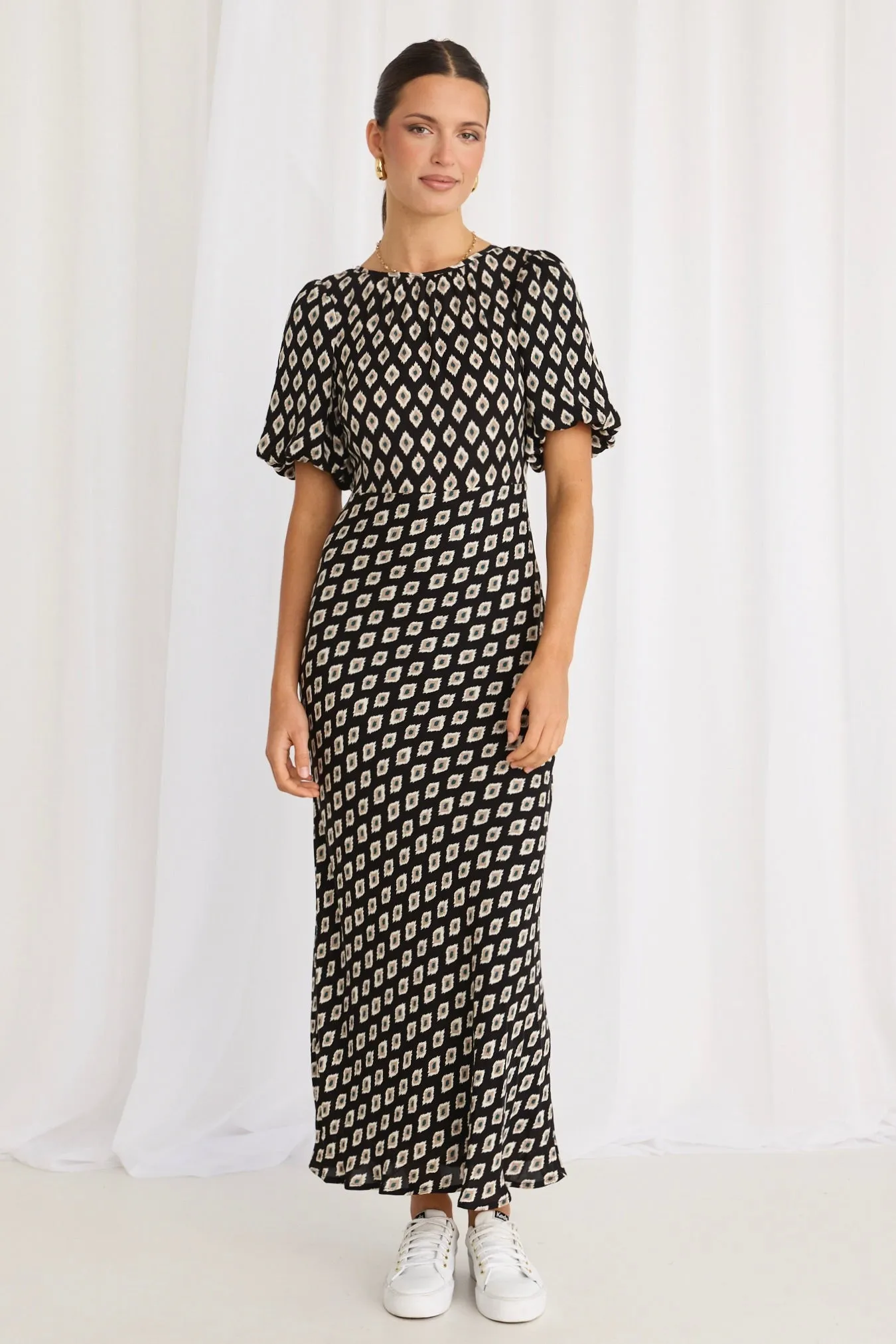 Astrid Geo Spot Puff Sleeve Bias Maxi Dress