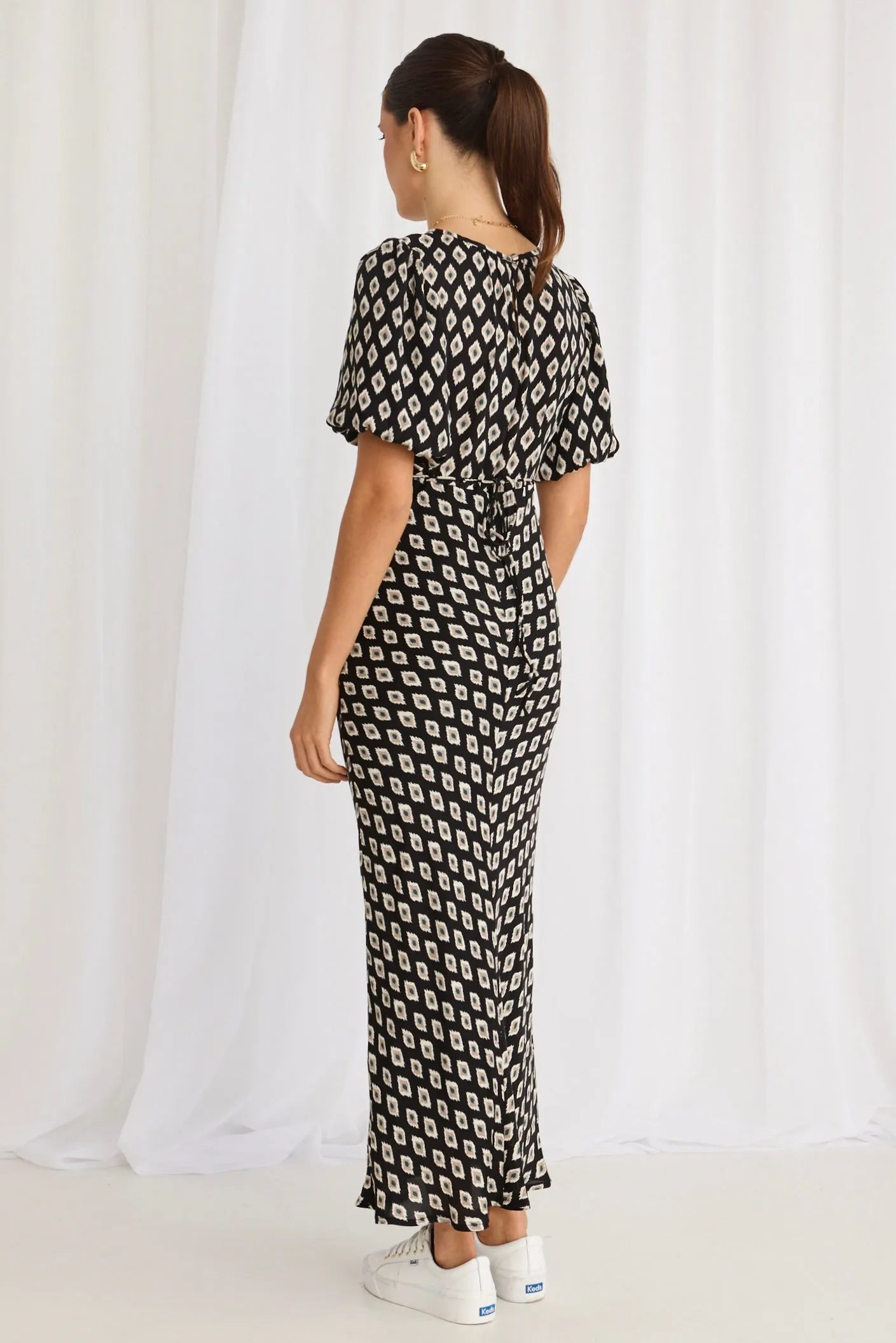 Astrid Geo Spot Puff Sleeve Bias Maxi Dress