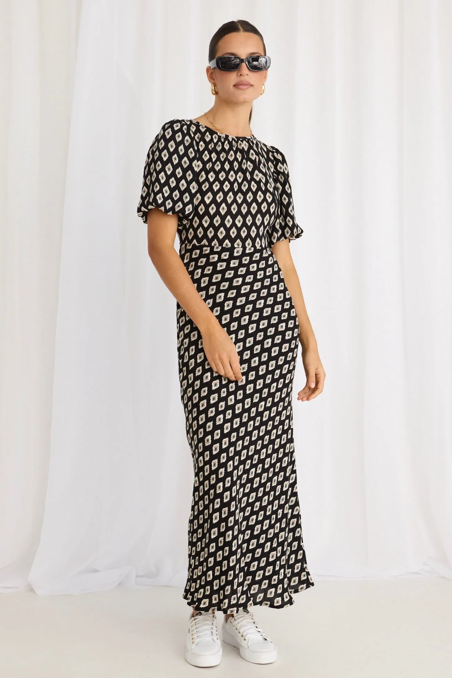 Astrid Geo Spot Puff Sleeve Bias Maxi Dress