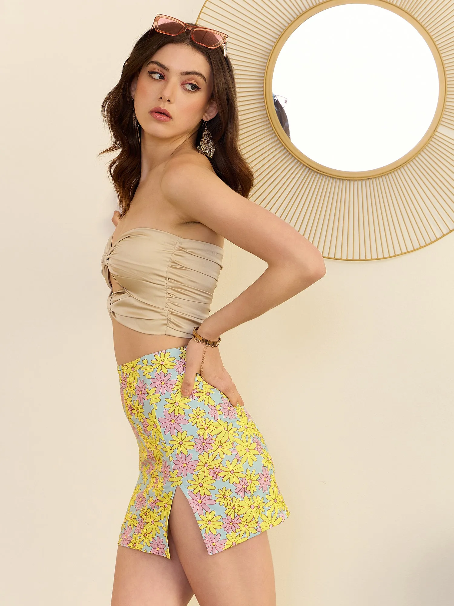 Berrylush Women Blue, Yellow, & Pink Floral Printed High-Rise Waist Side-Slit Straight Hem Knitted Mini Skirt