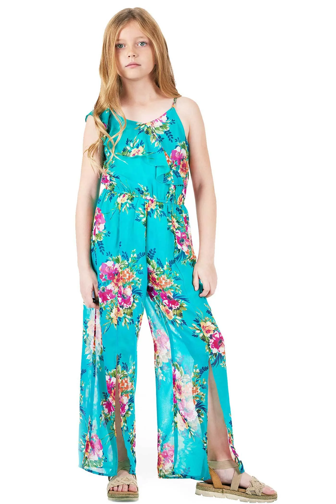 Big Girls | Tween Girls Floral Print Ruffle Jumpsuit