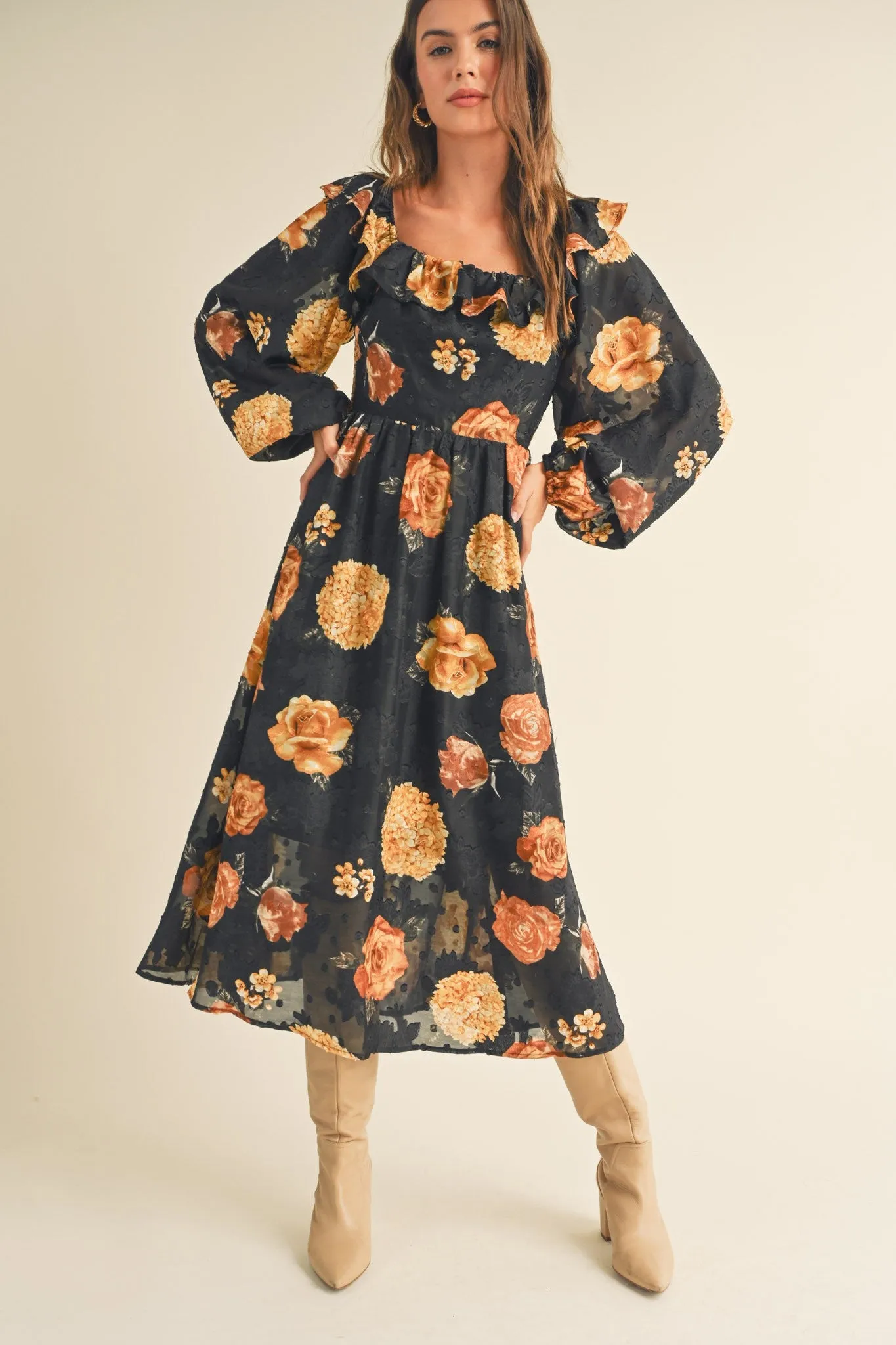 Black and Rust Floral Ruffle Trim Midi Dress