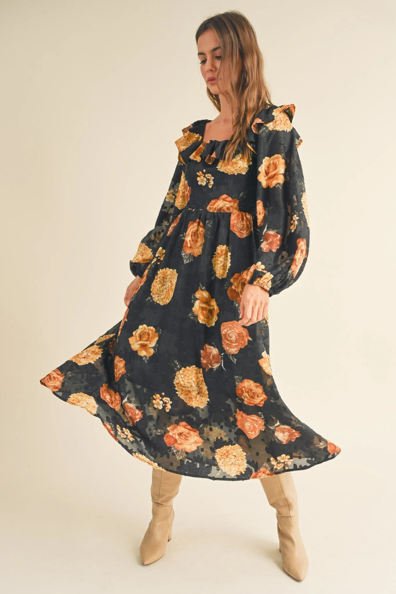 Black and Rust Floral Ruffle Trim Midi Dress