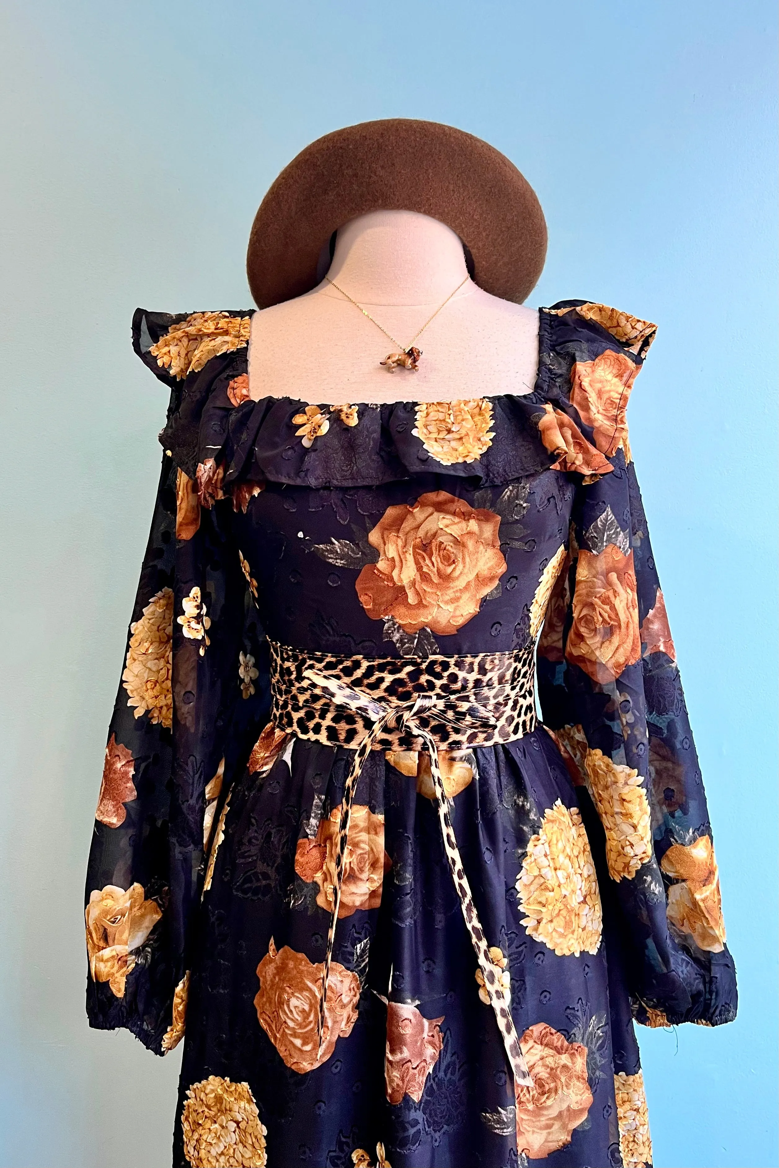 Black and Rust Floral Ruffle Trim Midi Dress