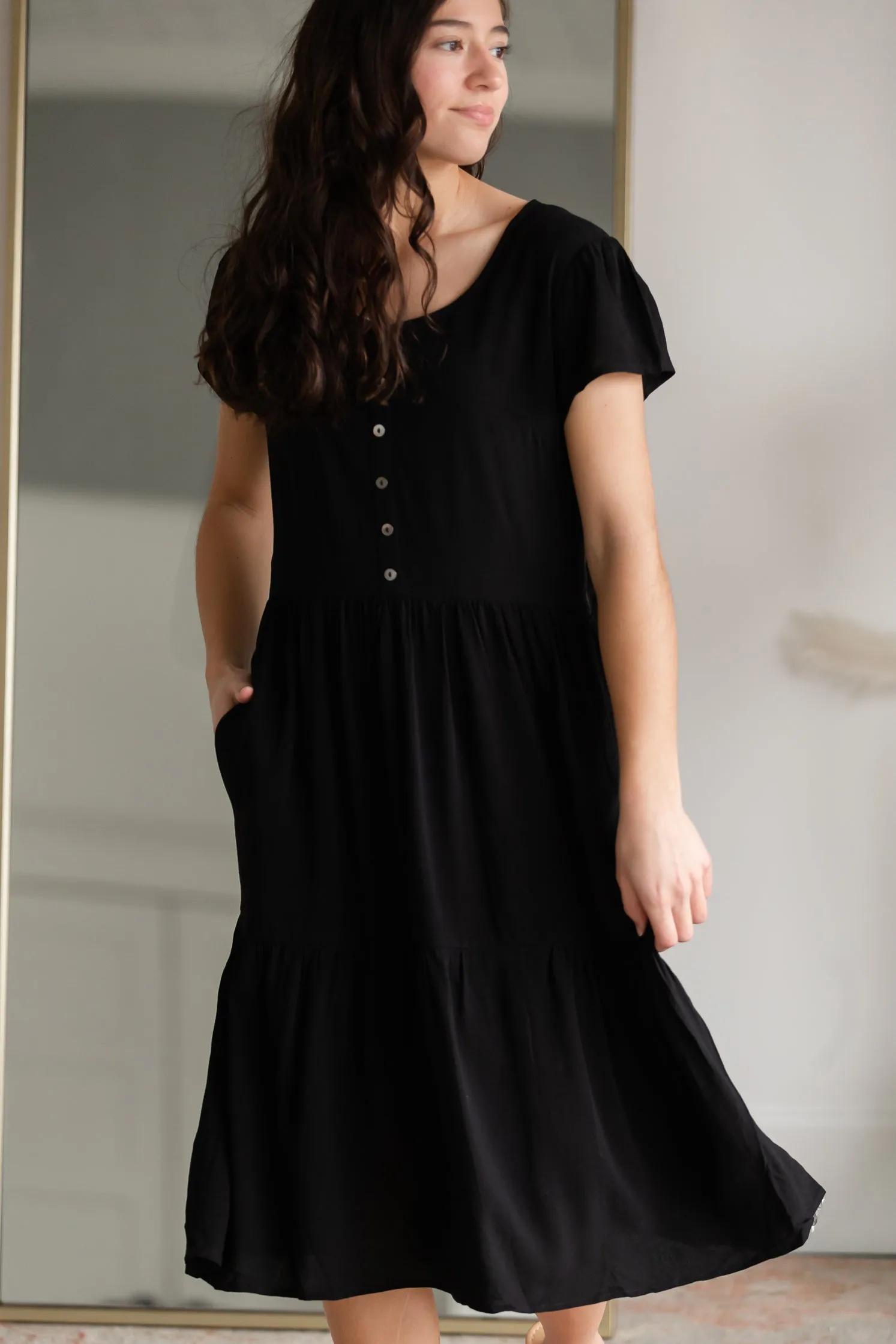 Black Button Up Tiered Midi Dress - FINAL SALE