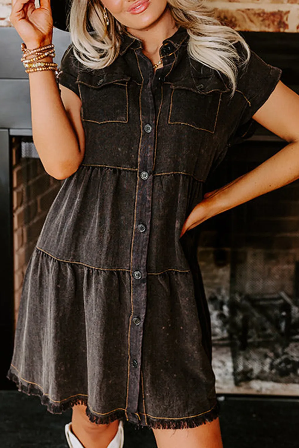 Black Mineral Wash Flap Pockets Raw Edge Denim Dress