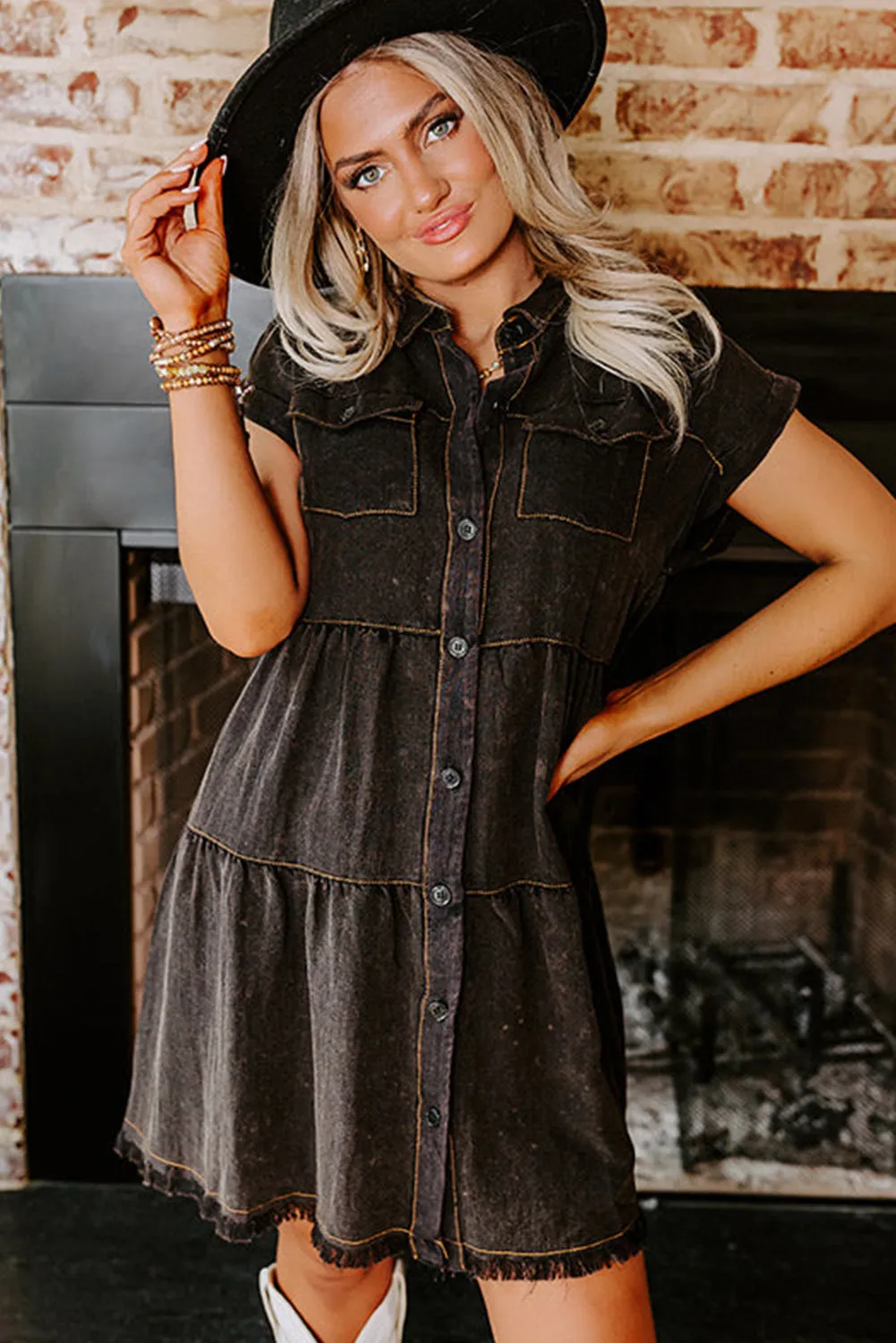 Black Mineral Wash Flap Pockets Raw Edge Denim Dress