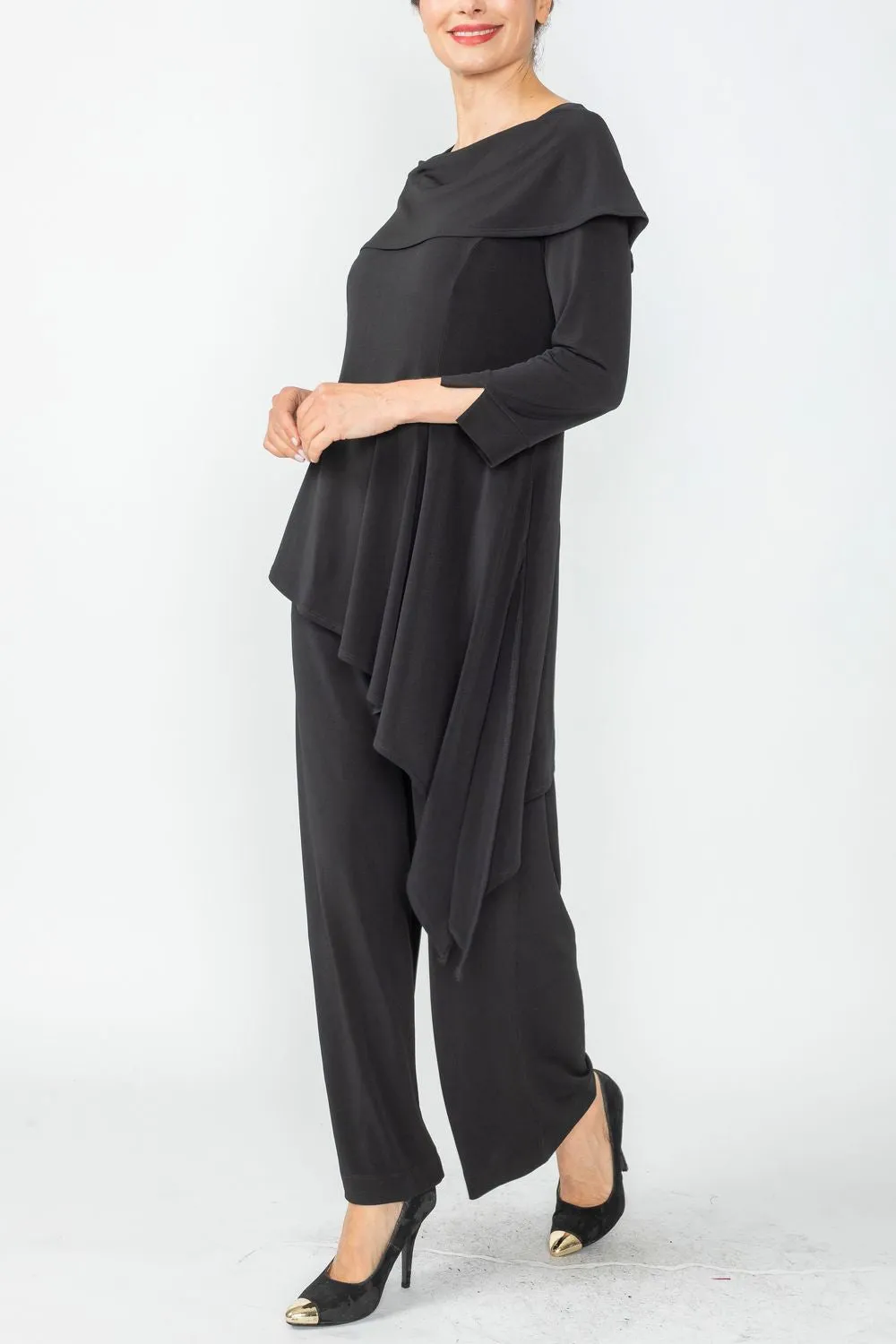 Black Shawl Collar Asymmetrical Layered Jumpsuit