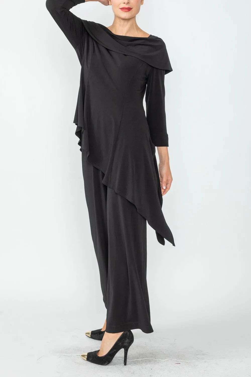 Black Shawl Collar Asymmetrical Layered Jumpsuit