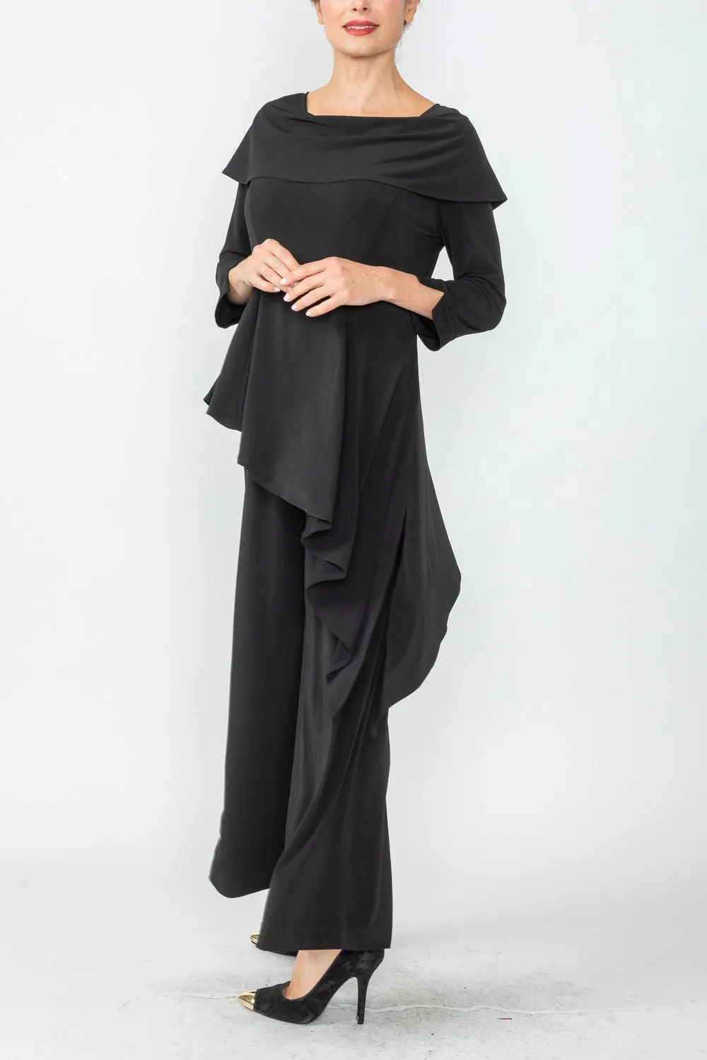 Black Shawl Collar Asymmetrical Layered Jumpsuit