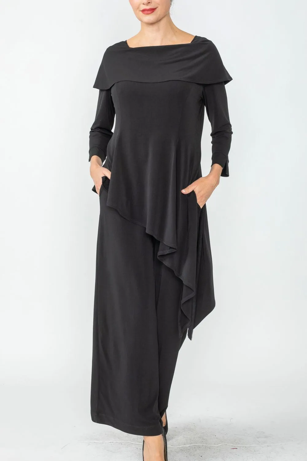 Black Shawl Collar Asymmetrical Layered Jumpsuit