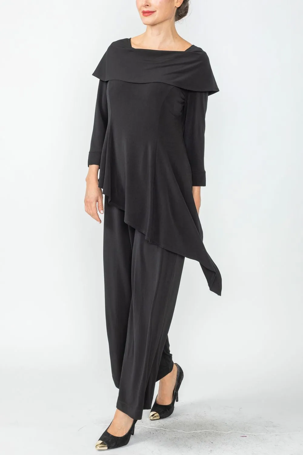 Black Shawl Collar Asymmetrical Layered Jumpsuit