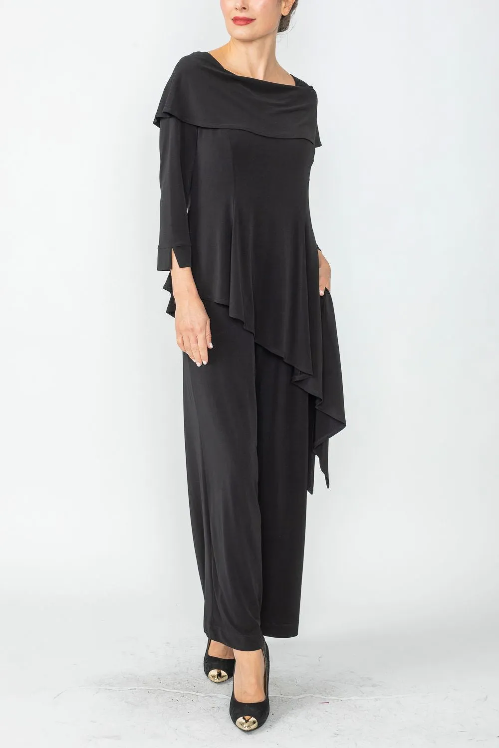 Black Shawl Collar Asymmetrical Layered Jumpsuit