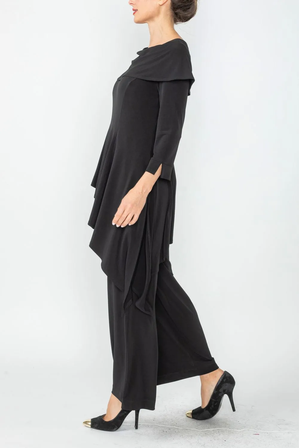 Black Shawl Collar Asymmetrical Layered Jumpsuit