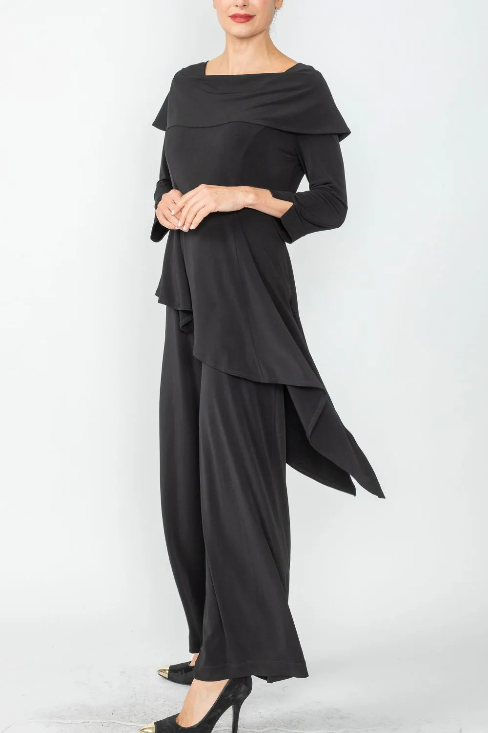 Black Shawl Collar Asymmetrical Layered Jumpsuit