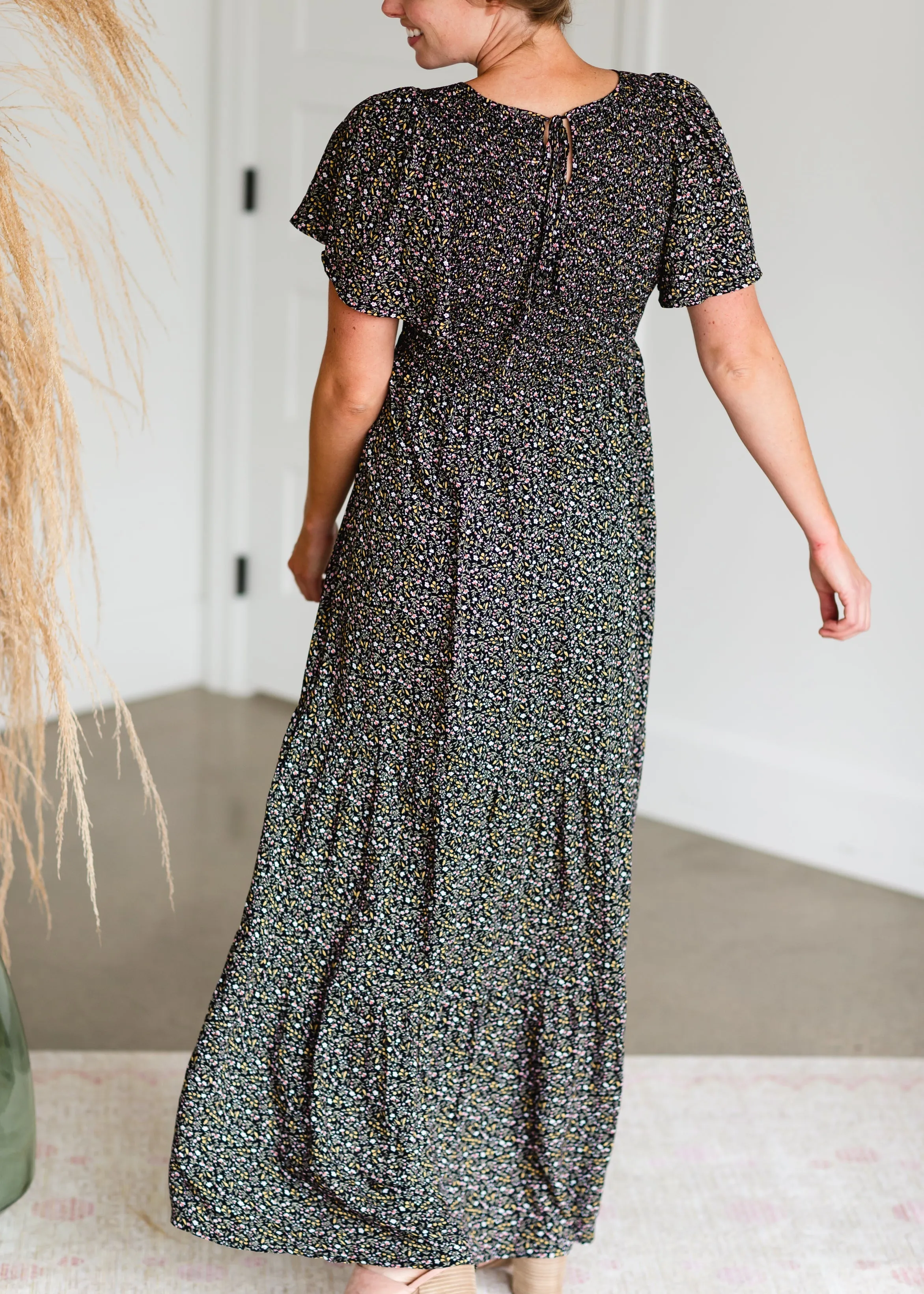 Black Smocked Flutter Sleeve Floral Maxi Dress - FINAL SALE