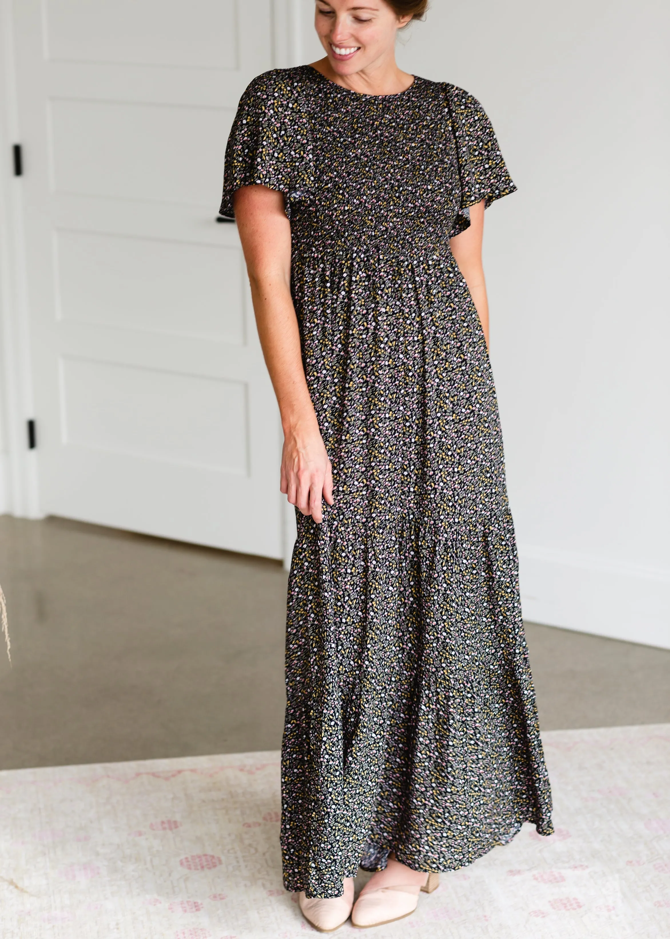 Black Smocked Flutter Sleeve Floral Maxi Dress - FINAL SALE