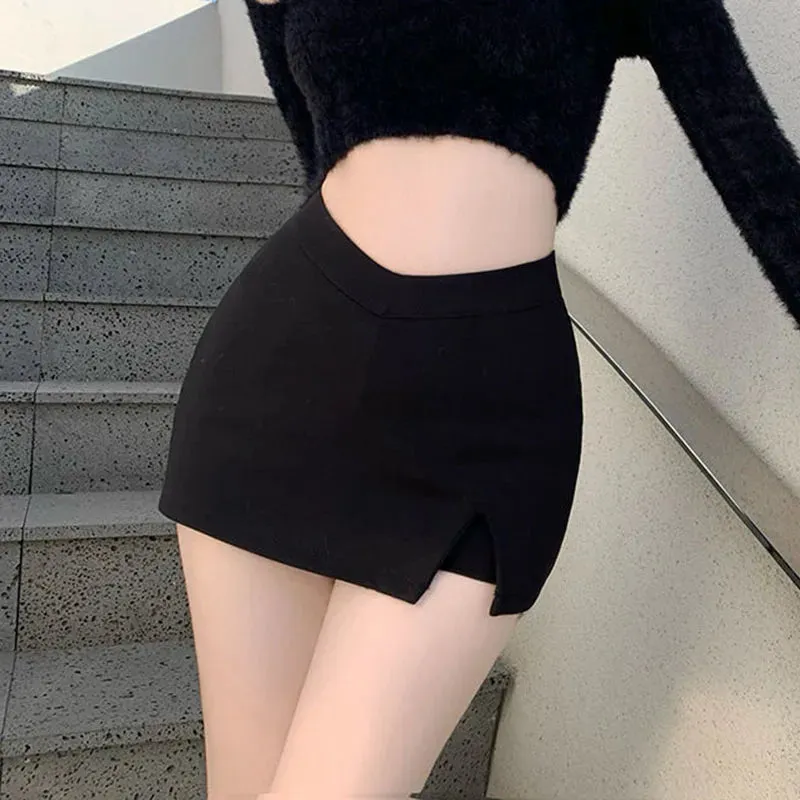 Black Split Mini Skirts Women Summer Sexy High Waist A Line Slit