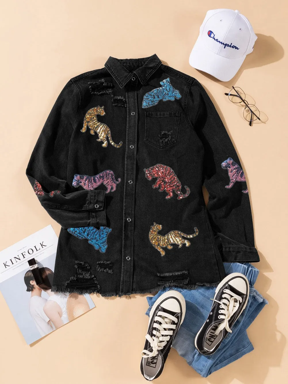 Black Washed Denim Jacket with Tiger Embroidered