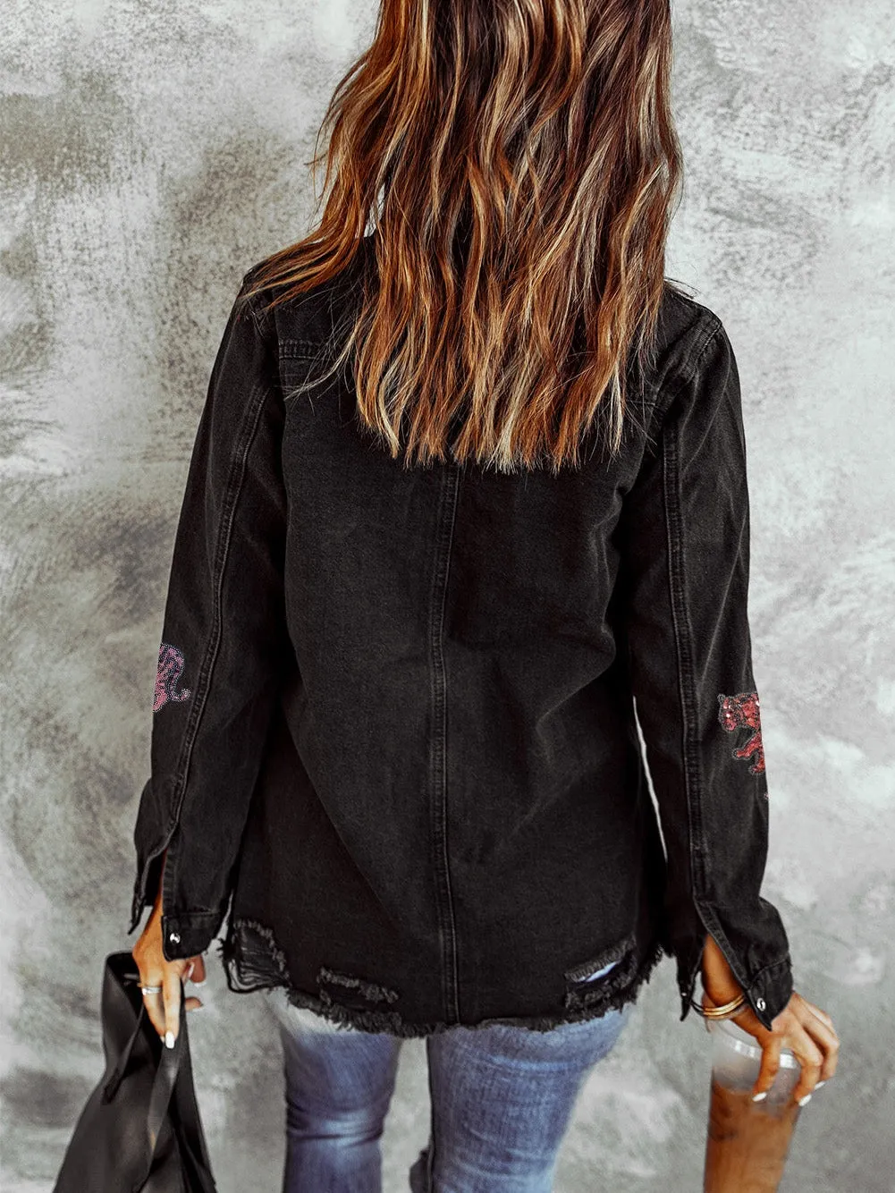 Black Washed Denim Jacket with Tiger Embroidered