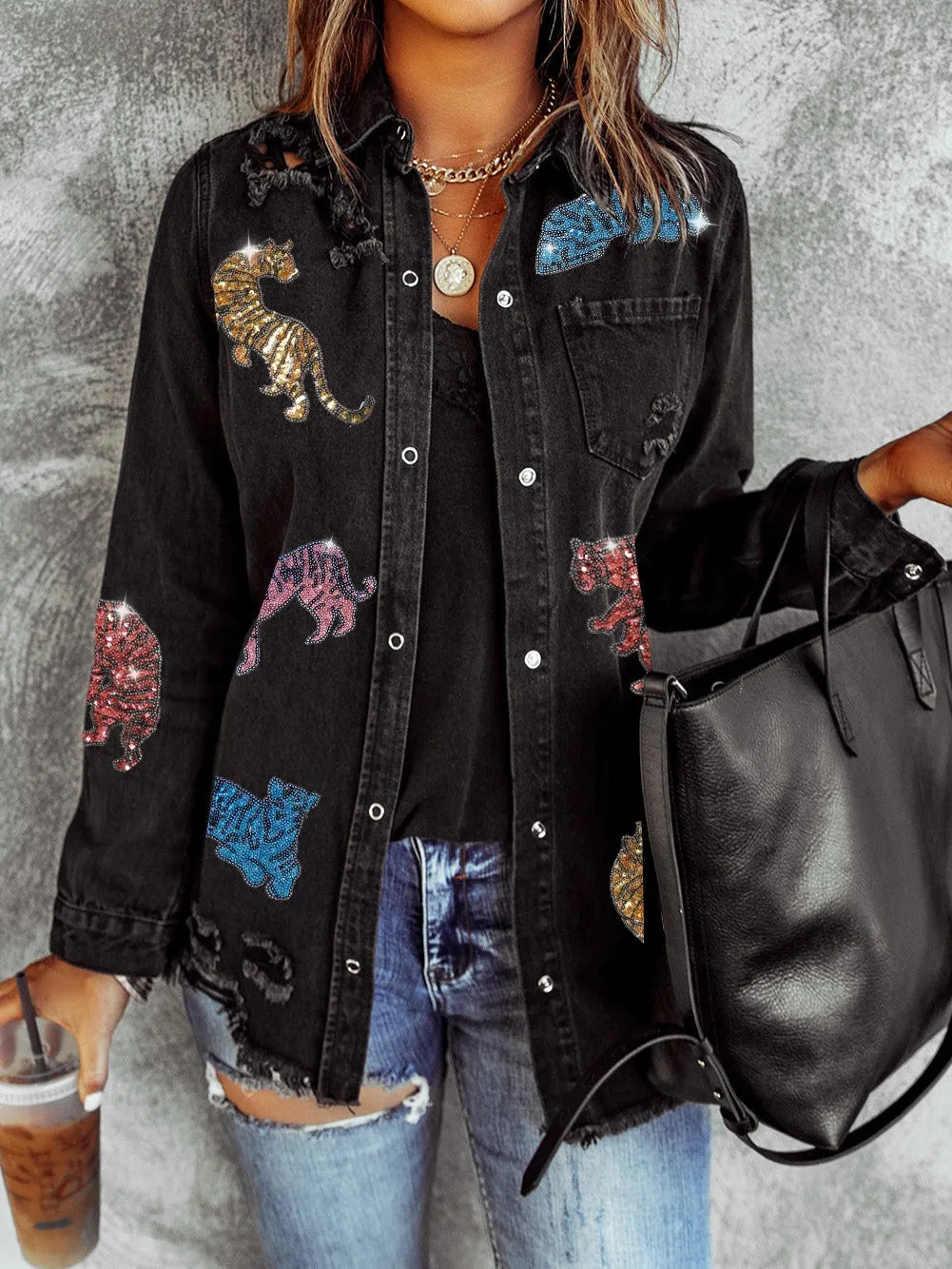 Black Washed Denim Jacket with Tiger Embroidered