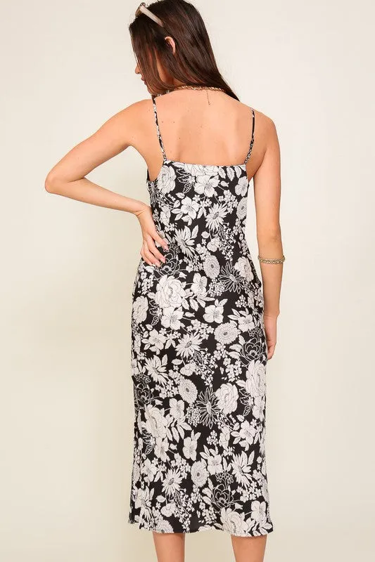 Black/Cream Satin Floral Print Maxi Dress With Front Slit