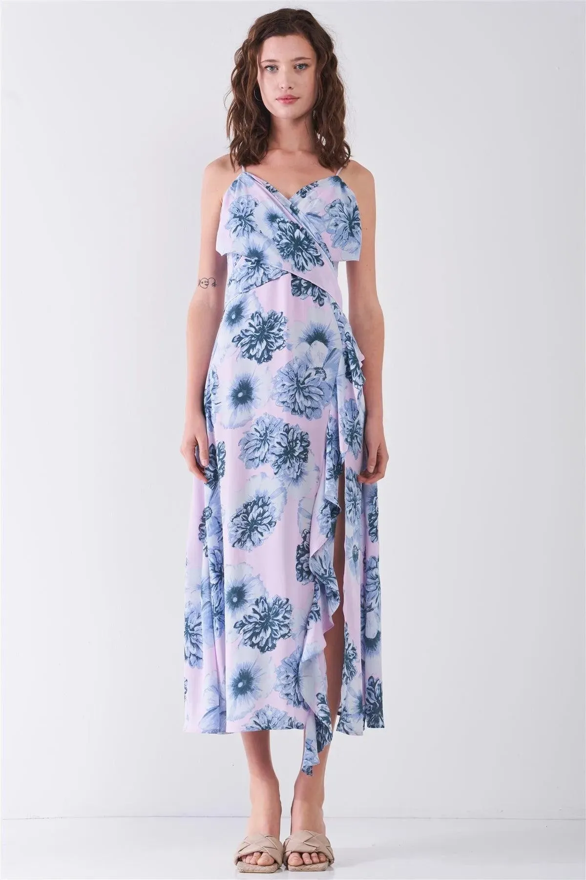 Blue & Pink Floral Print Sleeveless Self-Tie Wide Wrap Front Ruffle Hem Side Slit Detail Midi Dress /3-2-1