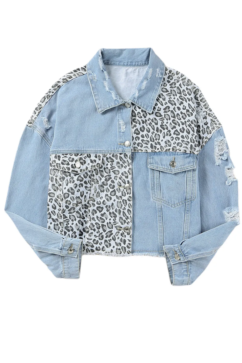 Blue Plus Size Leopard Ripped Cropped Denim Jacket