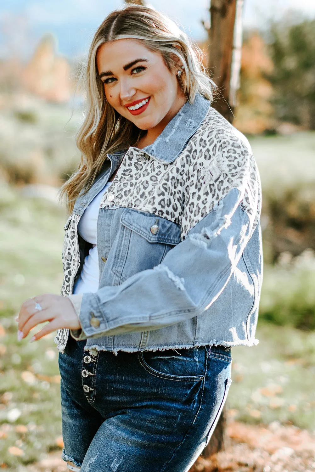 Blue Plus Size Leopard Ripped Cropped Denim Jacket