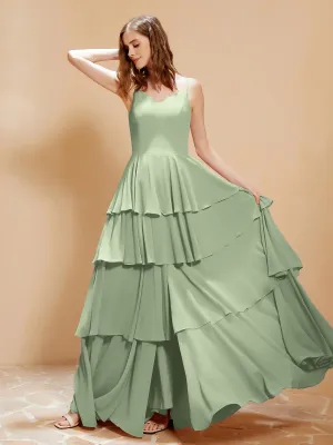 Boho V-neck Floor-length Dress Flowy Ruffles Dusty Sage Plus Size