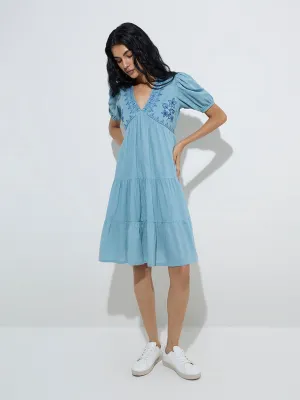 Bombay Paisley Light Blue Embroidered Cotton Tiered Dress