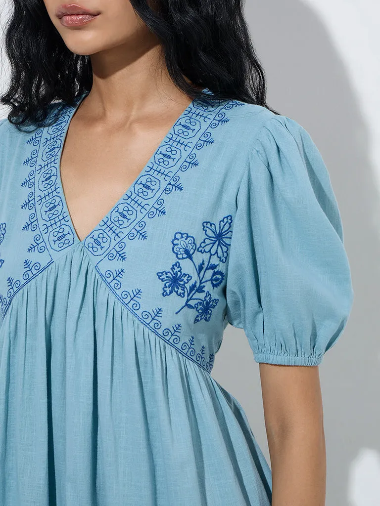 Bombay Paisley Light Blue Embroidered Cotton Tiered Dress