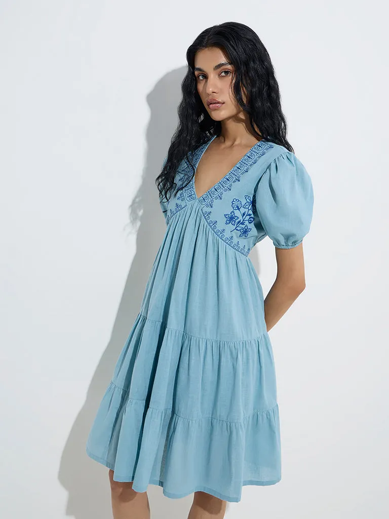 Bombay Paisley Light Blue Embroidered Cotton Tiered Dress