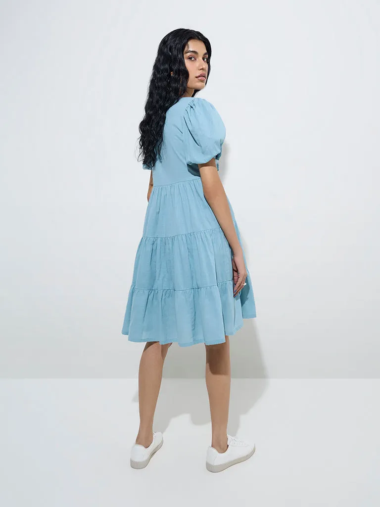 Bombay Paisley Light Blue Embroidered Cotton Tiered Dress