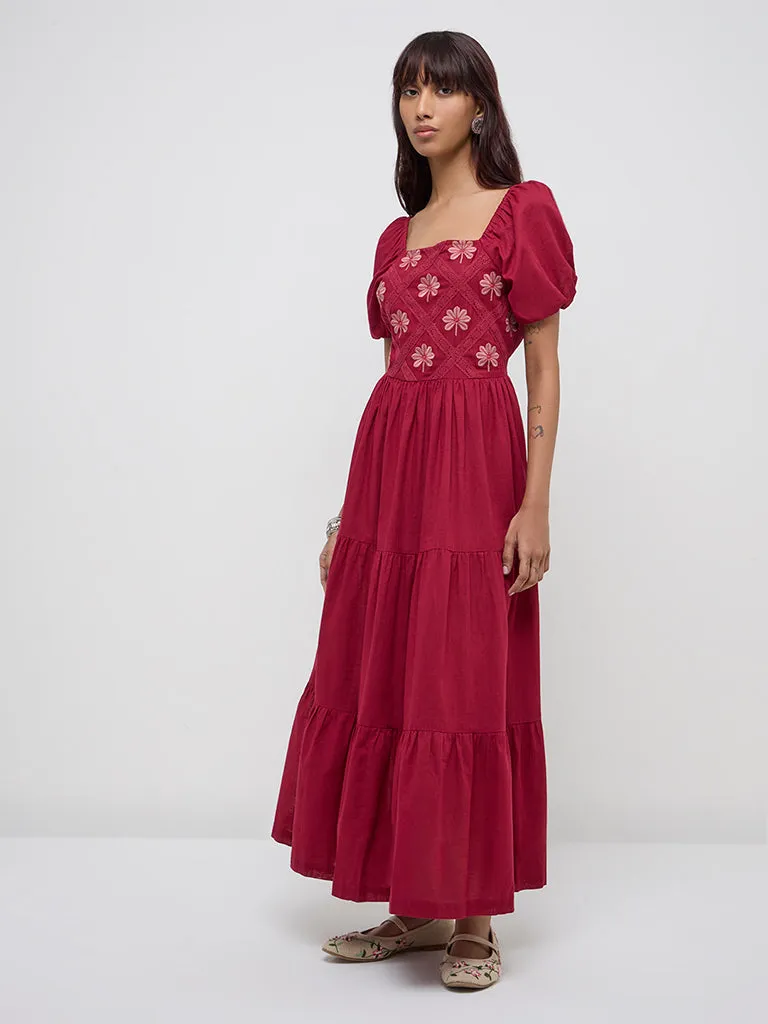 Bombay Paisley Wine Floral Embroidered Cotton Tiered Dress