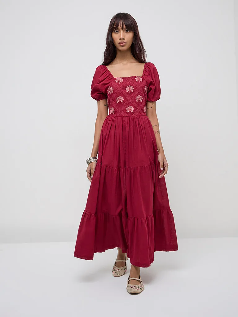 Bombay Paisley Wine Floral Embroidered Cotton Tiered Dress