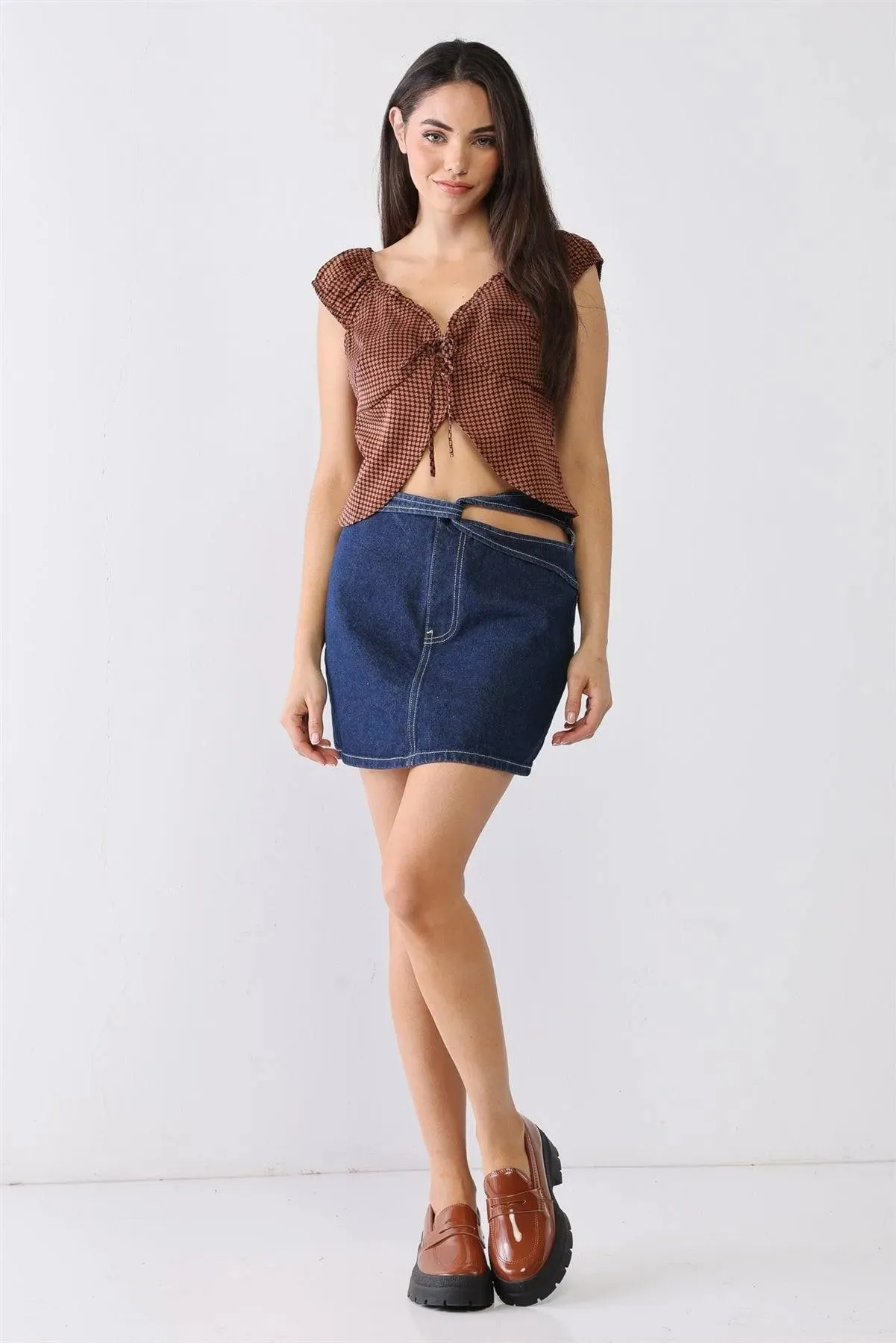 Brown & Tan Geometrical Print Self-Tie Neck Cut-Out Detail Sleeveless Top /1-3-2