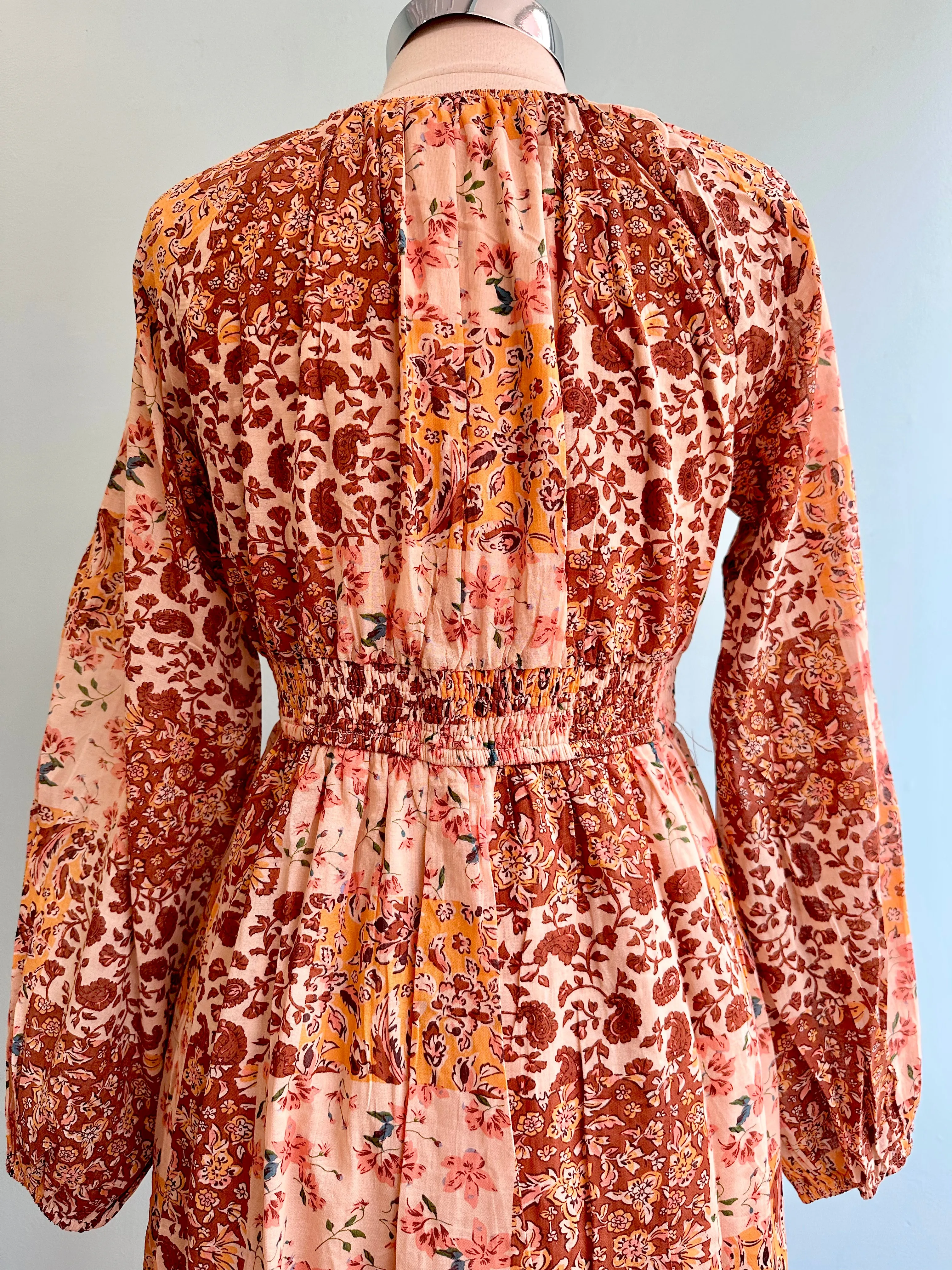 Brown and Mustard Floral Patchwork Midi Dress