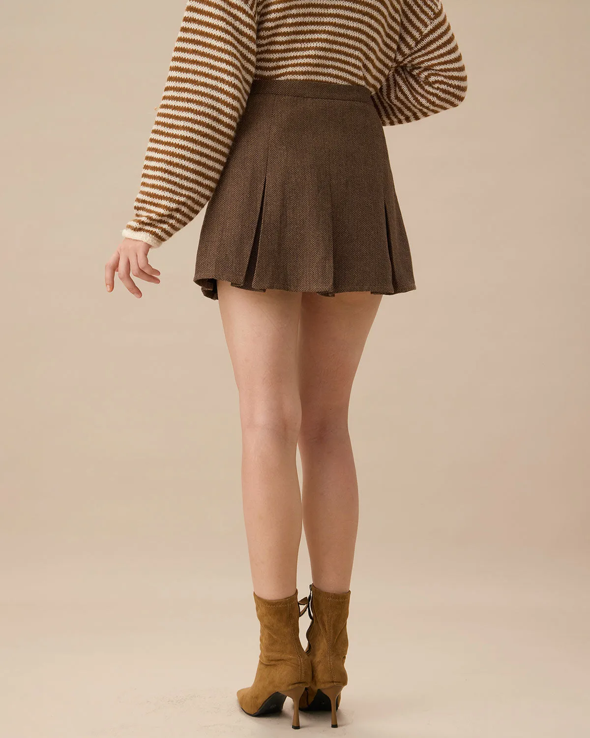 Brown Striped Pleated Mini Skirt