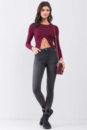 Burgundy Ribbed Long Sleeve Front Belly Button Slit Detail Top /1-2-2