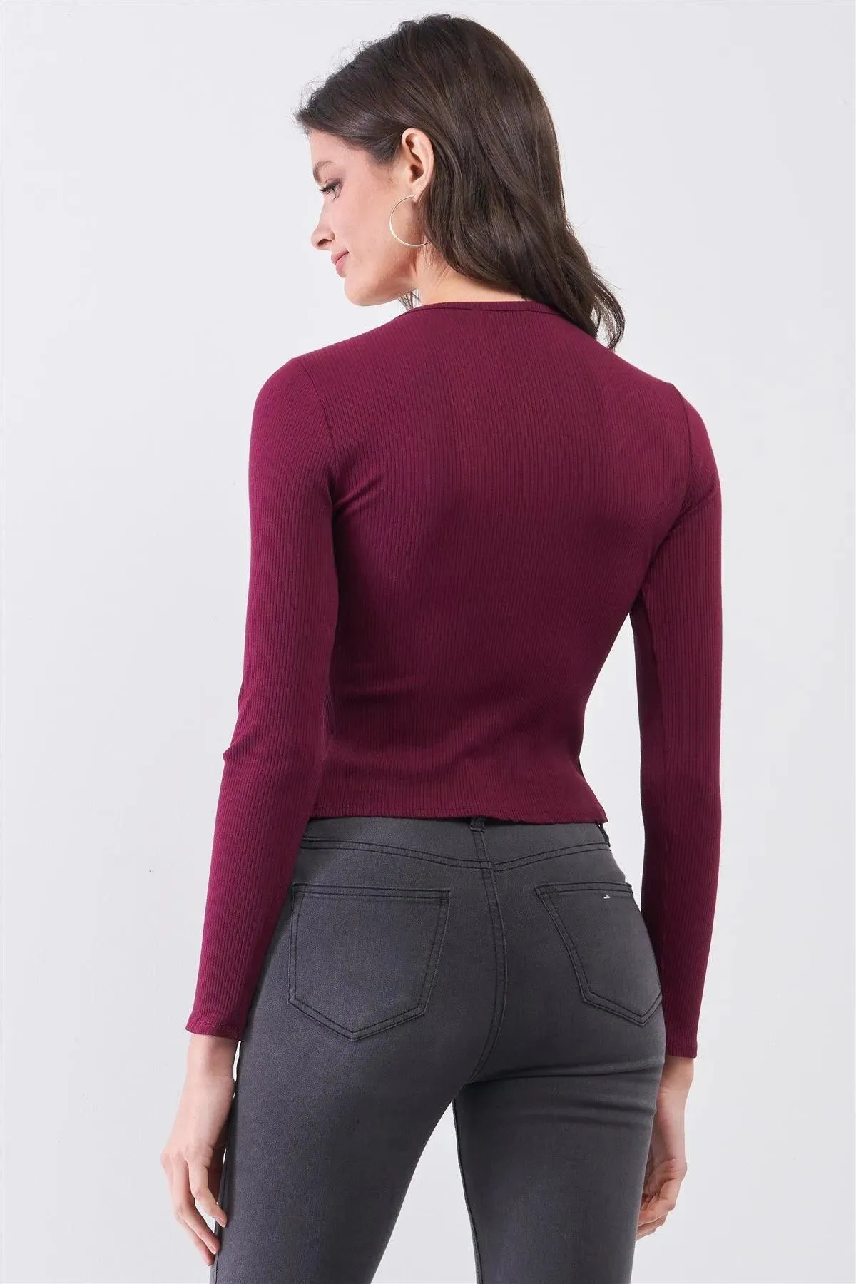 Burgundy Ribbed Long Sleeve Front Belly Button Slit Detail Top /1-2-2