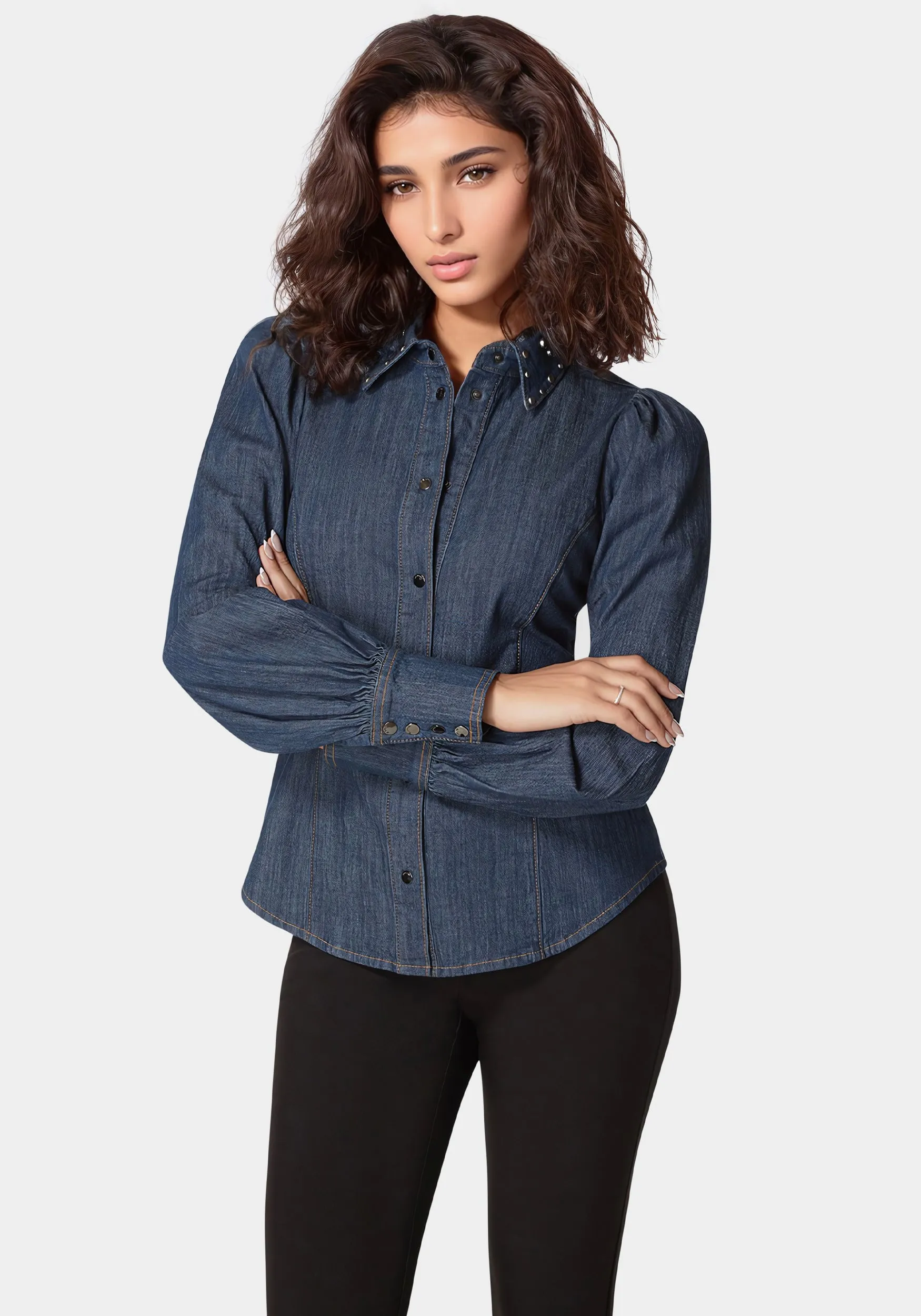 Button Front Studded Collar Denim Shirt