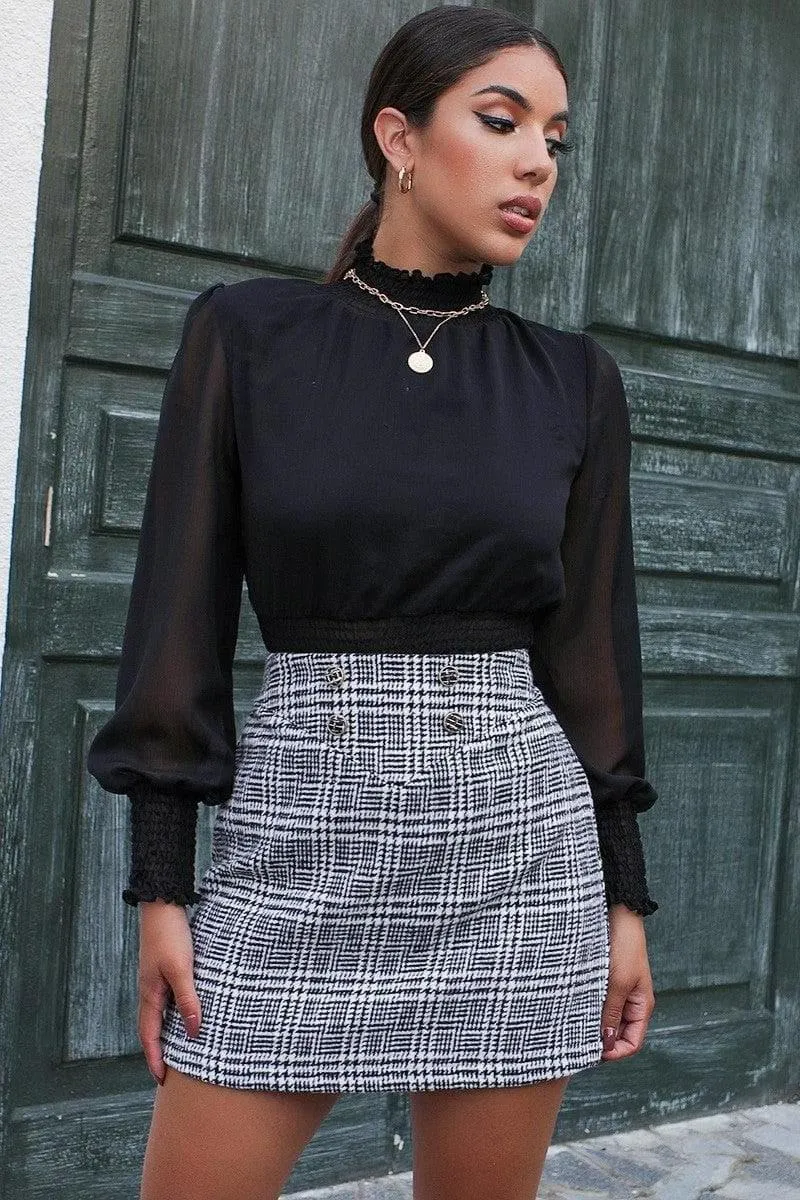 Button plaid bag hip skirt