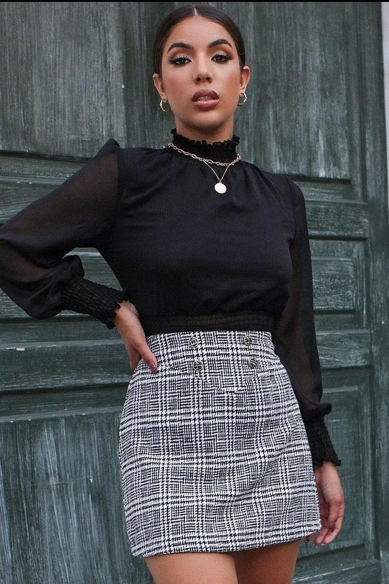 Button plaid bag hip skirt