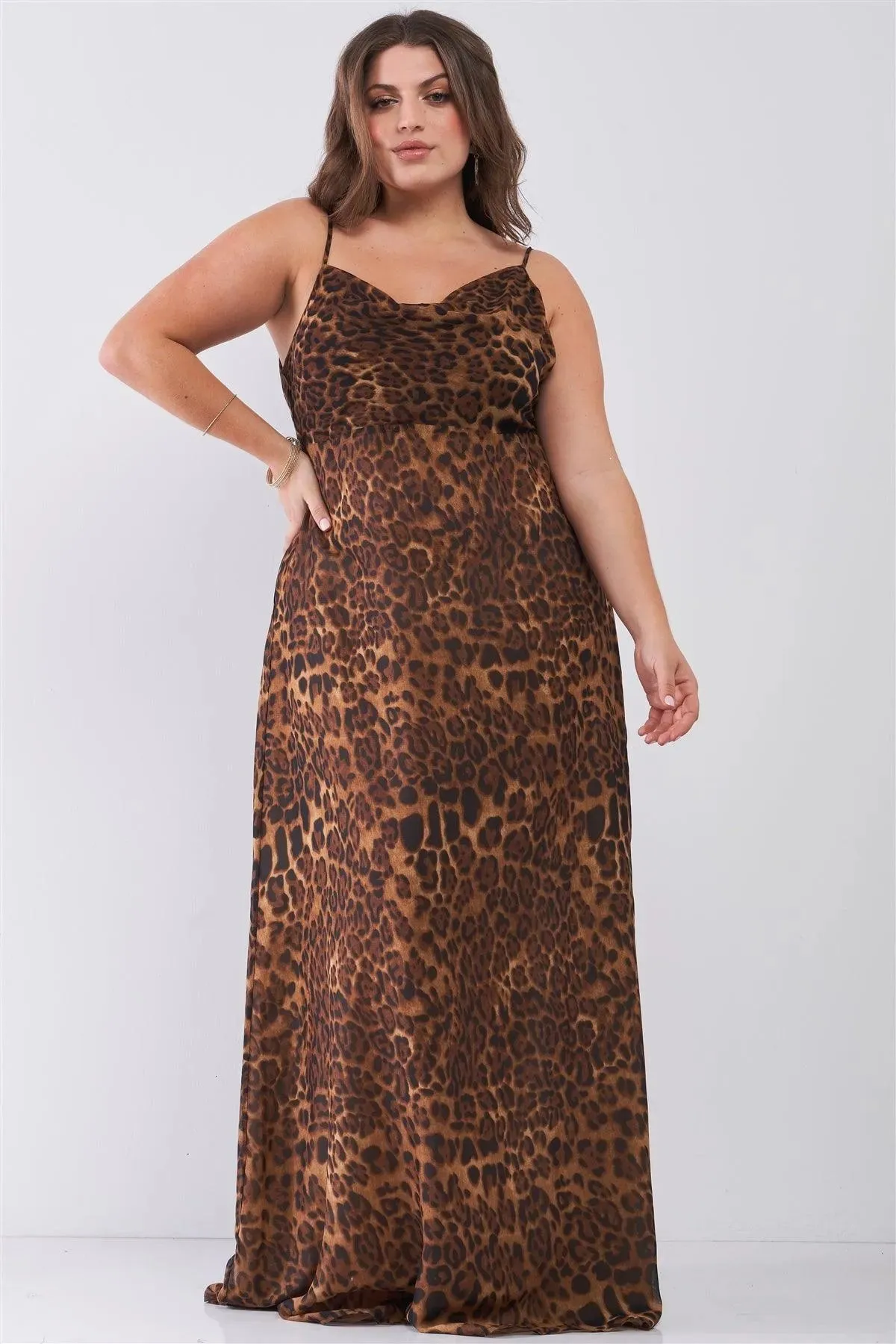 Can't Tame Me Junior Plus Size Sexy Brown Leopard Print Sheer Mesh Sleeveless Cowl Neck Side Slit Detail Maxi Dress /3-1-1